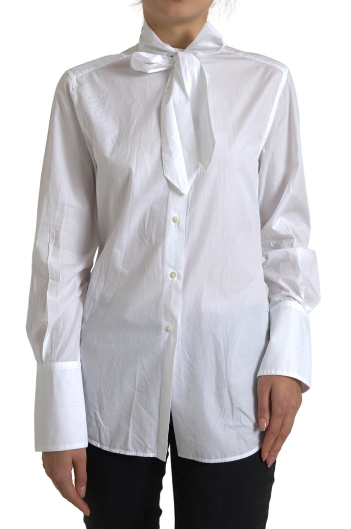 Dolce & Gabbana Top Blanco de Algodón con Cuello Ascot y Manga Larga