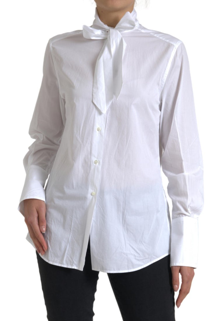 Dolce & Gabbana Top Blanco de Algodón con Cuello Ascot y Manga Larga