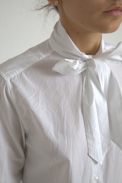 Dolce & Gabbana White Cotton Ascot Collar Long Sleeves Top
