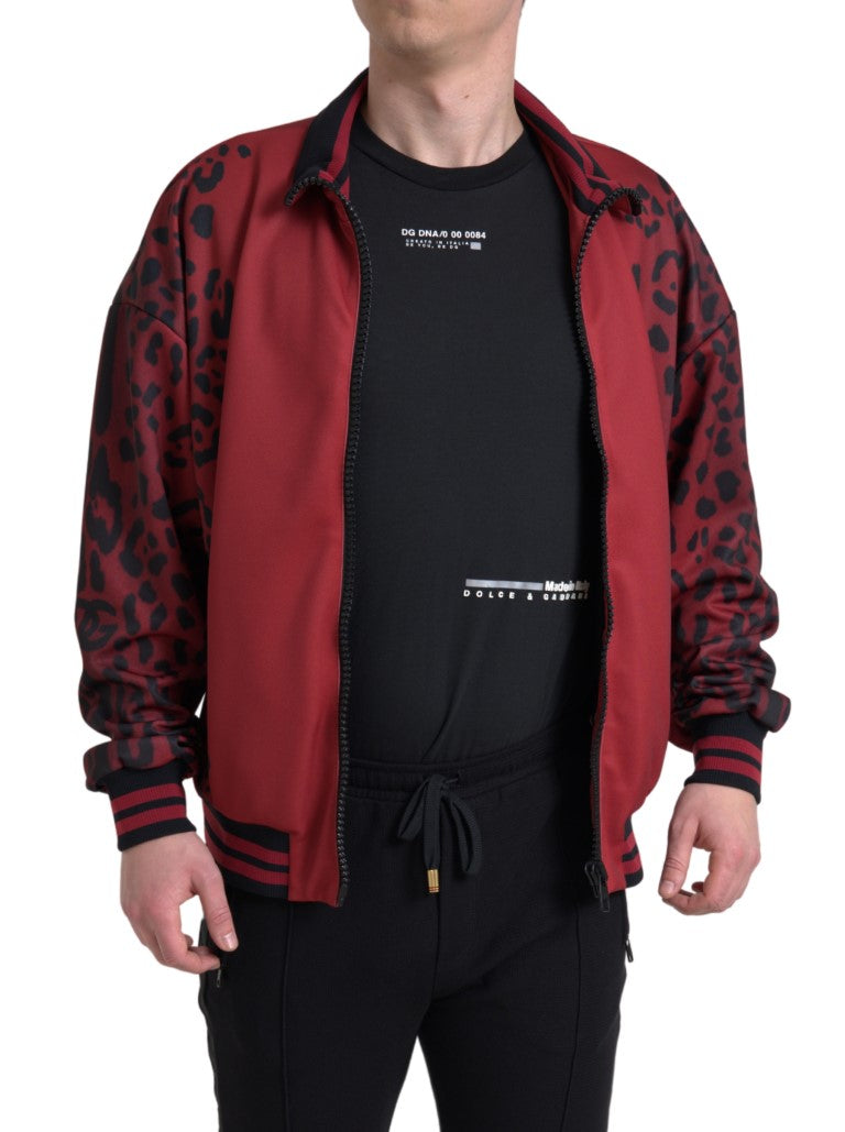 Chaqueta Bomber de Poliéster con Cremallera Completa y Estampado de Leopardo Rojo de Dolce & Gabbana