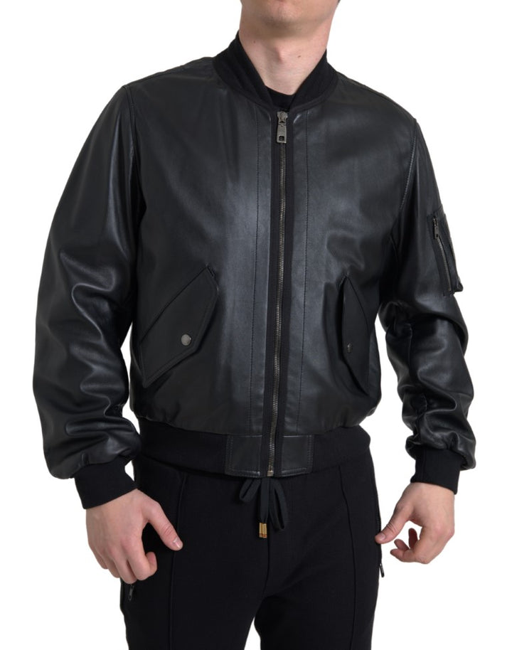 Blouson bomber Dolce & Gabbana en cuir noir avec fermeture éclair intégrale