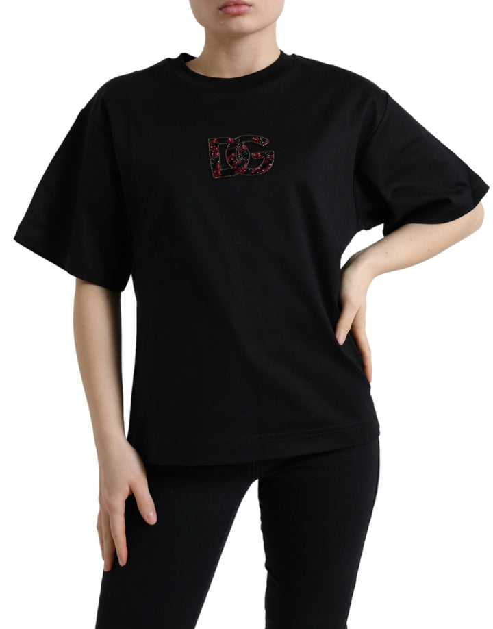 T-shirt col rond Dolce & Gabbana en coton noir avec cristaux DG