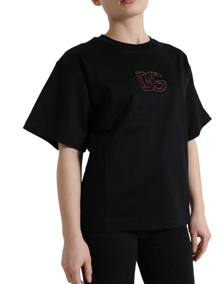 T-shirt col rond Dolce & Gabbana en coton noir avec cristaux DG