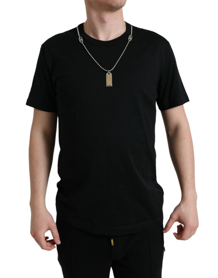 T-shirt Dolce & Gabbana en coton noir avec plaque d'identité et col rond