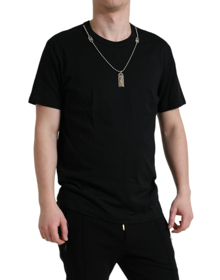 T-shirt Dolce & Gabbana en coton noir avec plaque d'identité et col rond