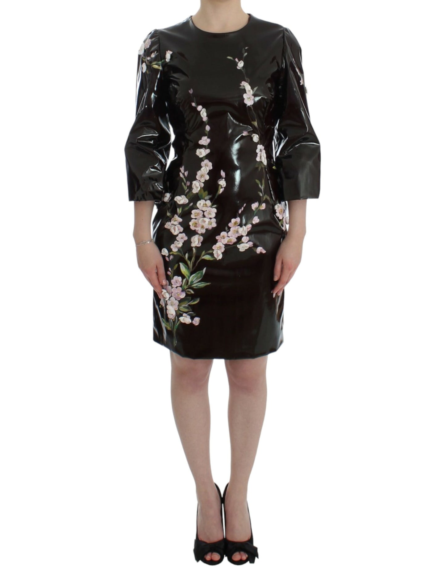 Robe fourreau Dolce & Gabbana noire à fleurs et manches 3/4