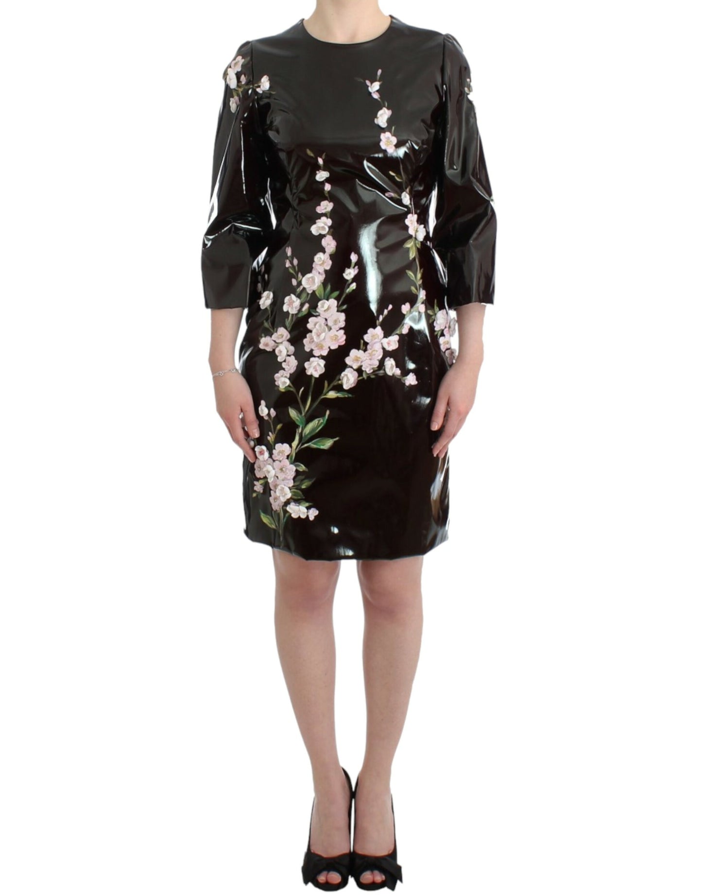 Robe Dolce & Gabbana noire vernie florale PEINTE À LA MAIN