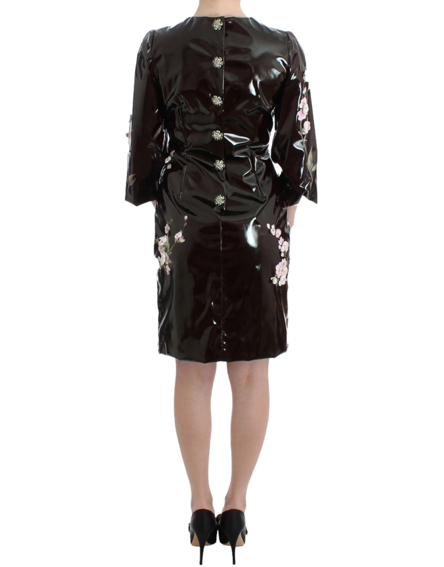 Robe Dolce & Gabbana noire vernie florale PEINTE À LA MAIN