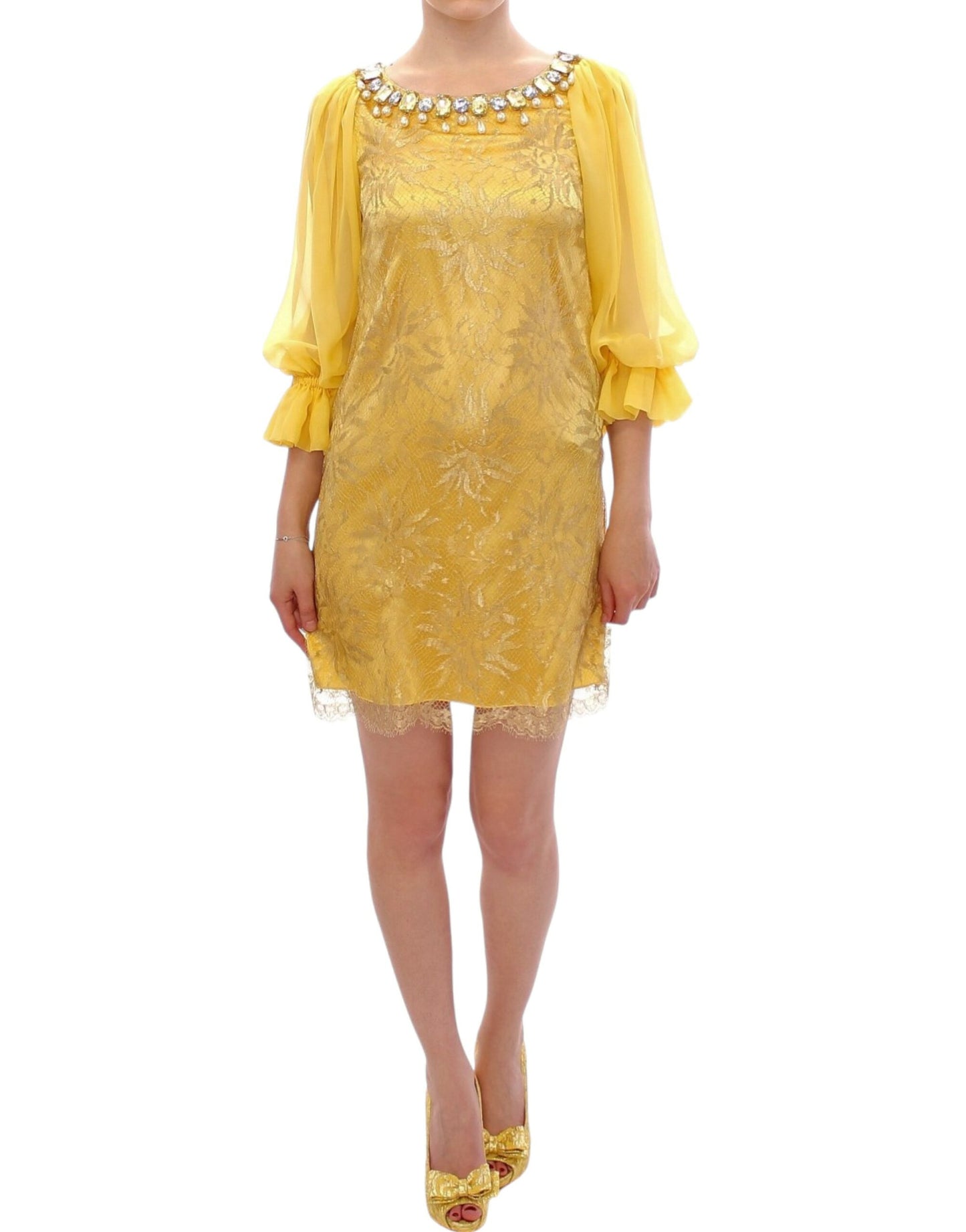 Mini-robe Dolce & Gabbana en dentelle jaune et cristaux