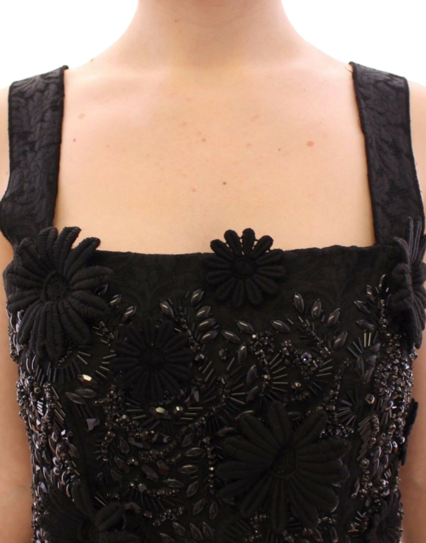 Robe noire Dolce & Gabbana à imprimé floral incrustée de cristaux