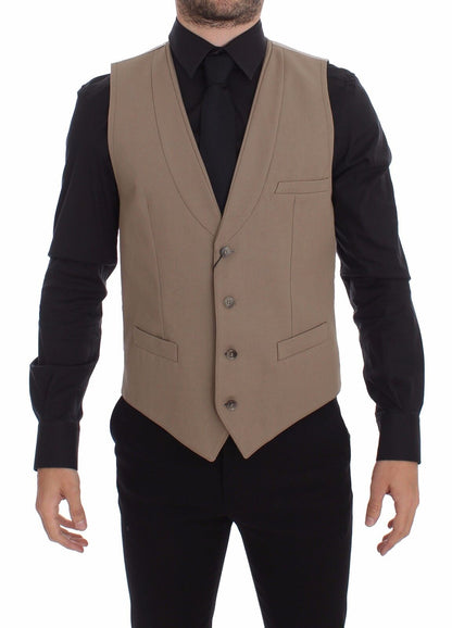 Gilet de Costume Dolce & Gabbana en Coton Beige Coupe Slim à Boutons