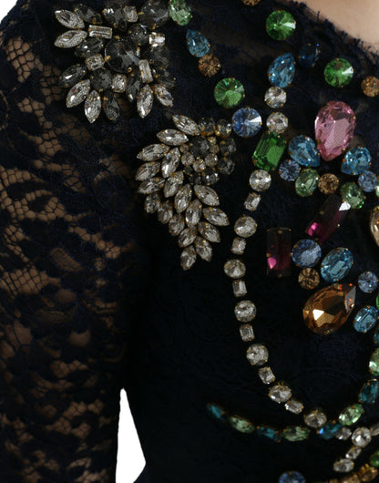 Robe longue en dentelle florale en cristal bleu Dolce & Gabbana