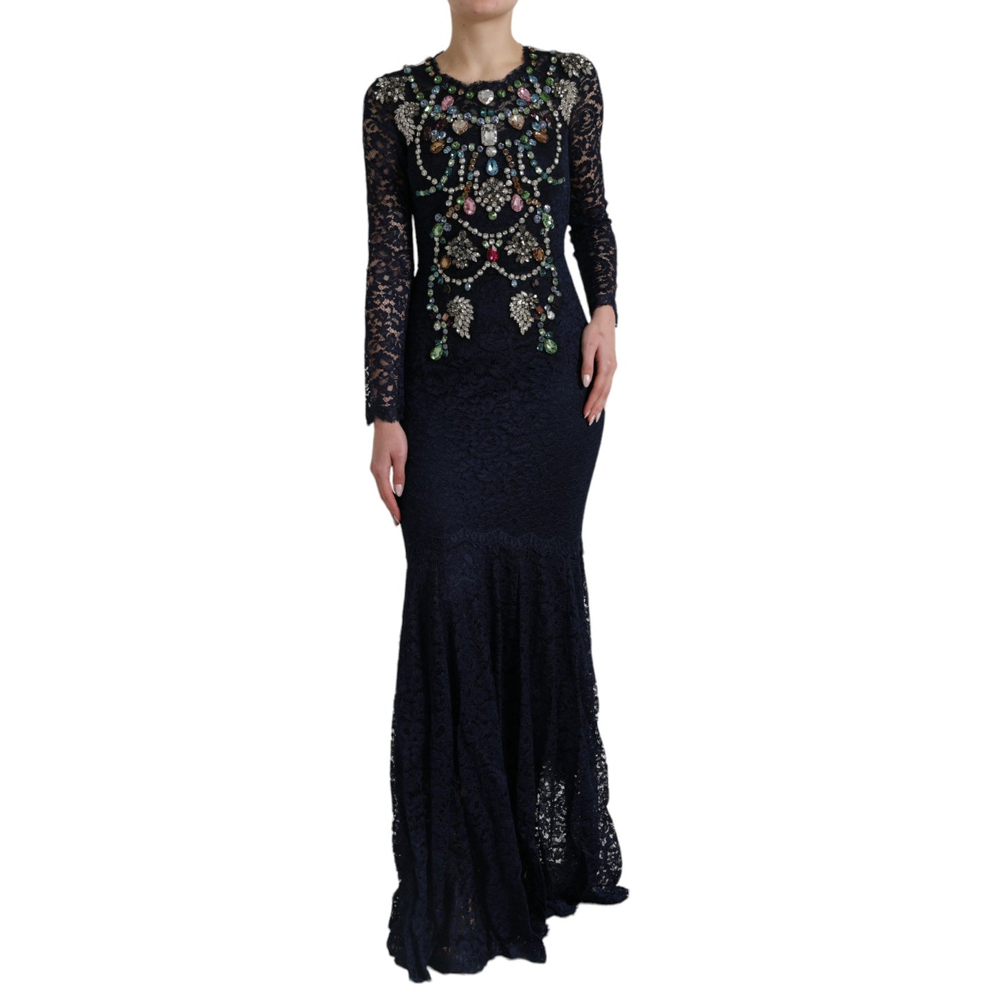 Robe longue en dentelle florale en cristal bleu Dolce & Gabbana