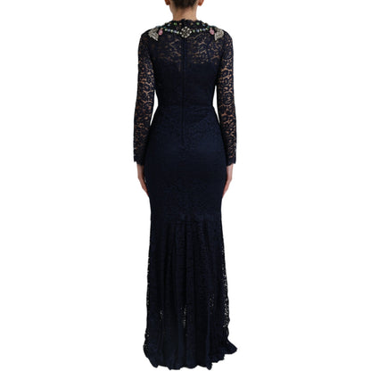 Robe longue en dentelle florale en cristal bleu Dolce & Gabbana