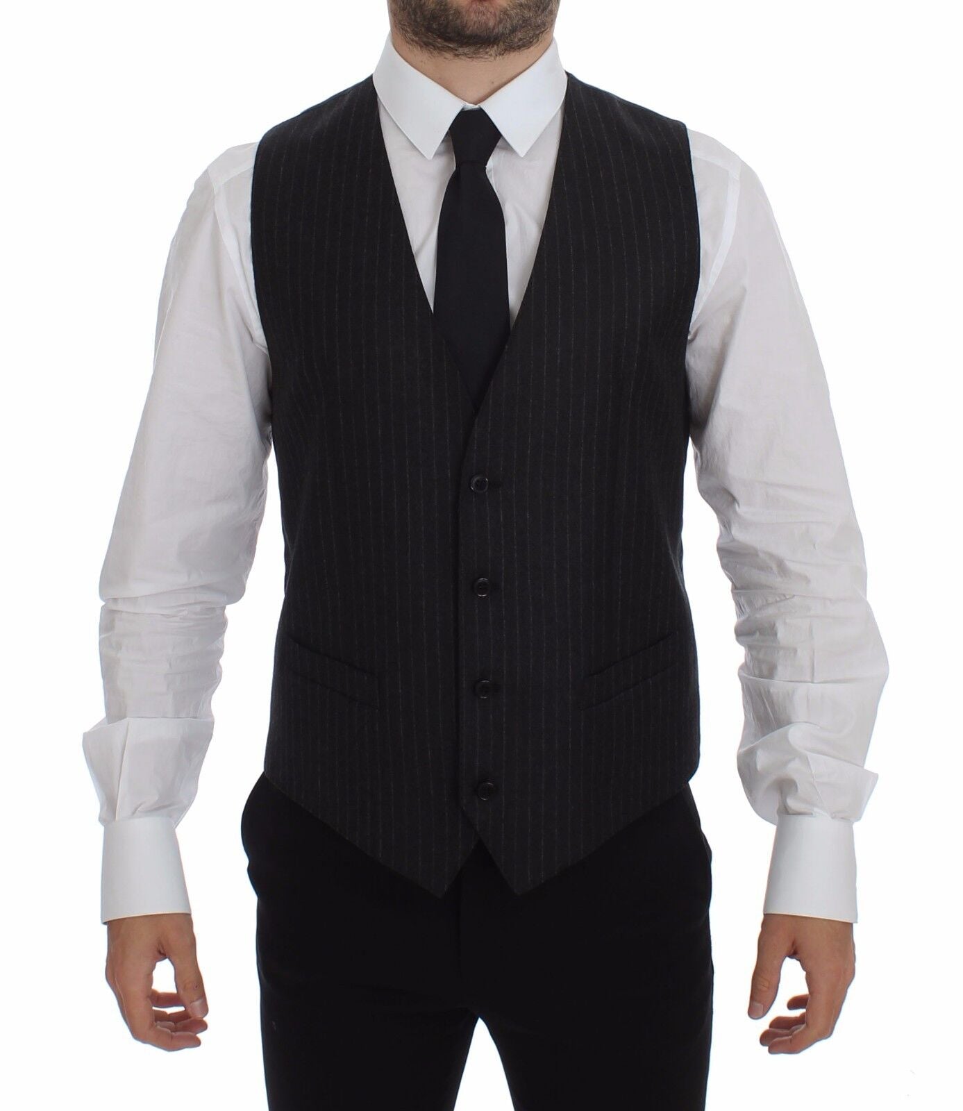 Gilet en laine rayé gris à logo Dolce & Gabbana