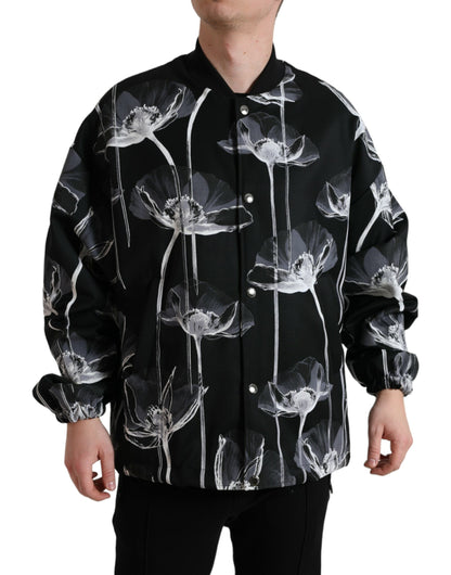 Bomber à col boutonné en laine et imprimé floral noir Dolce & Gabbana