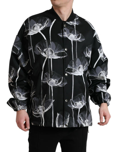 Bomber à col boutonné en laine et imprimé floral noir Dolce & Gabbana