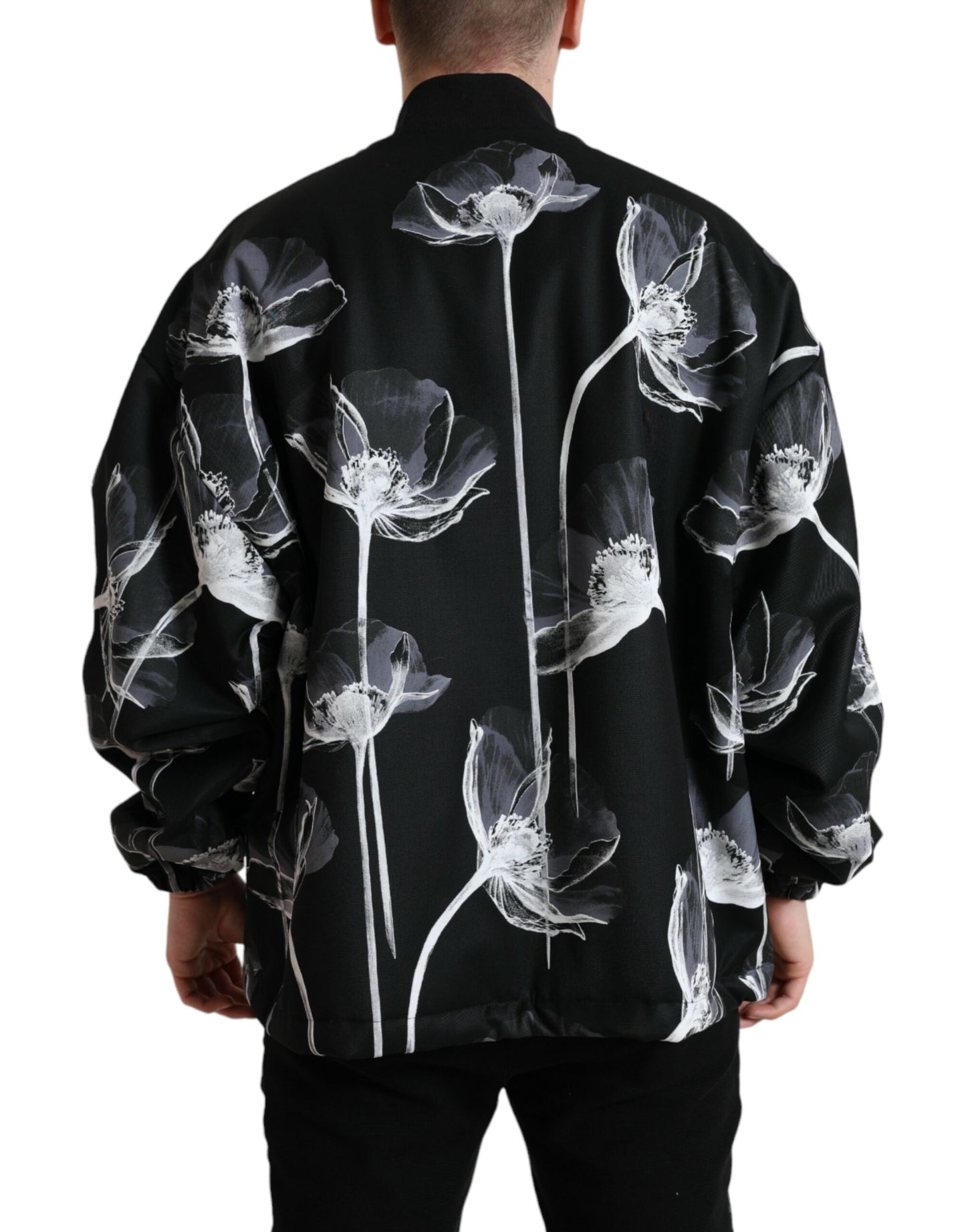 Bomber à col boutonné en laine et imprimé floral noir Dolce & Gabbana