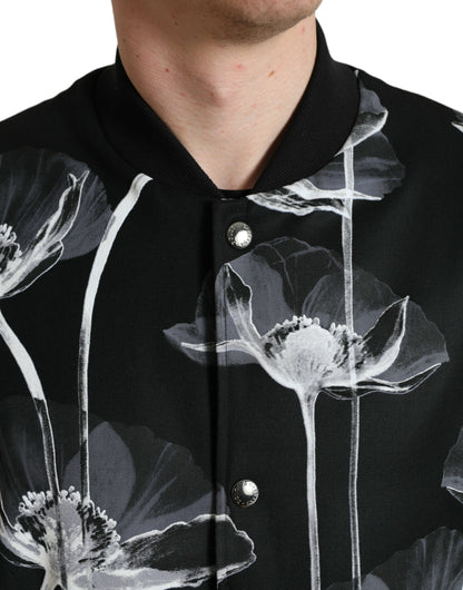 Bomber à col boutonné en laine et imprimé floral noir Dolce & Gabbana