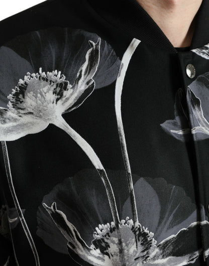 Bomber à col boutonné en laine et imprimé floral noir Dolce & Gabbana