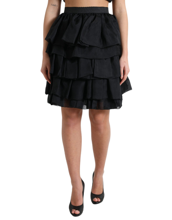 Minifalda de seda negra Dolce & Gabbana de cintura alta y corte en A con volantes
