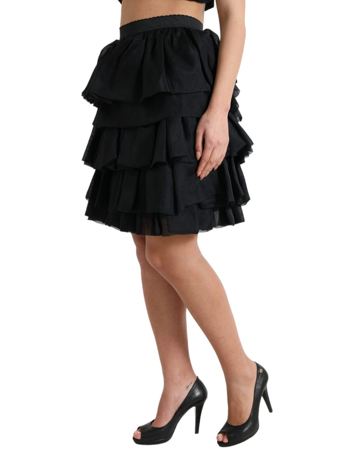 Minifalda de seda negra Dolce & Gabbana de cintura alta y corte en A con volantes