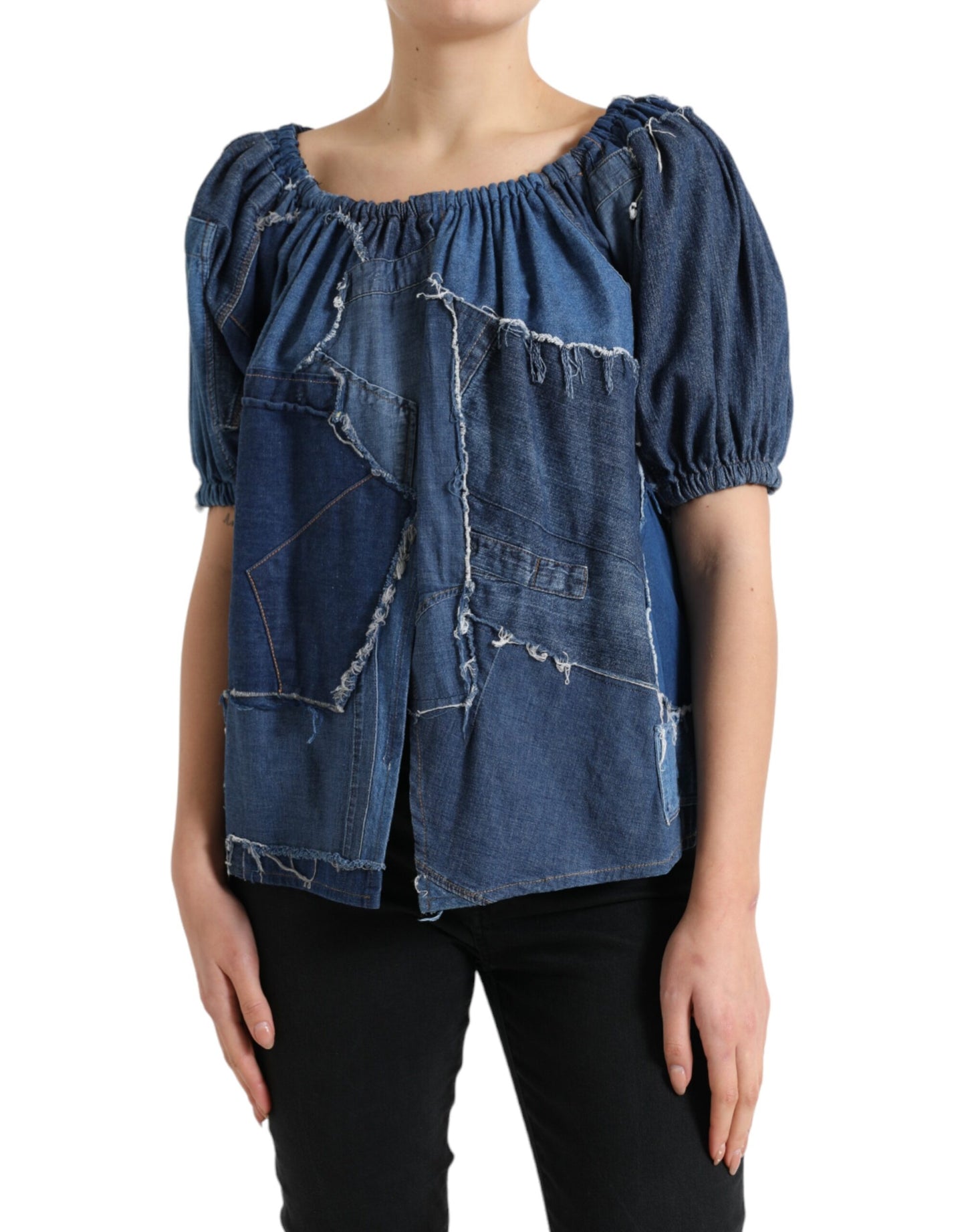 Chemisier en jean Dolce & Gabbana bleu à patchwork et manches courtes