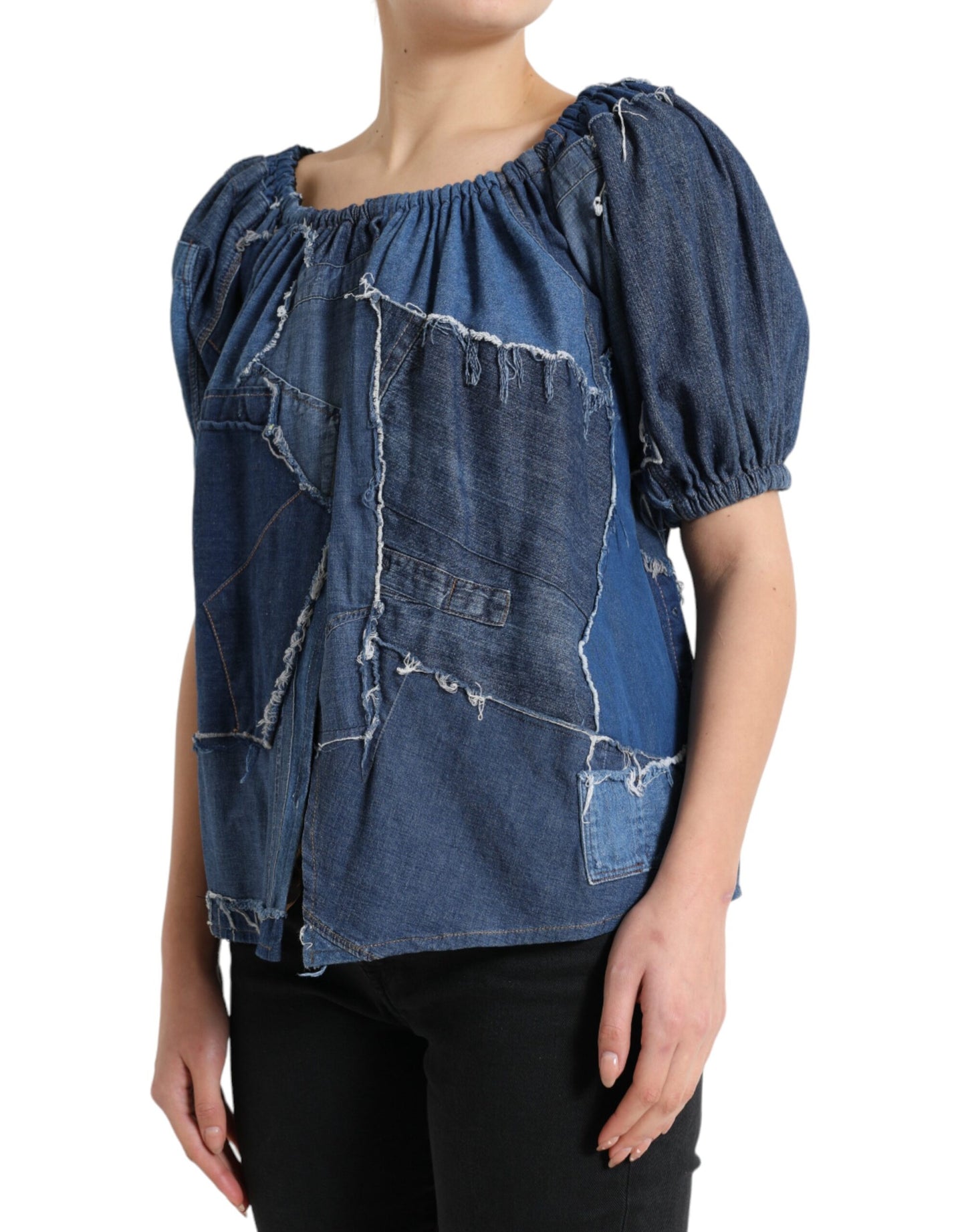 Chemisier en jean Dolce & Gabbana bleu à patchwork et manches courtes