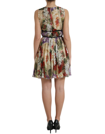 Minivestido evasé sin mangas con estampado floral en beige de Dolce & Gabbana
