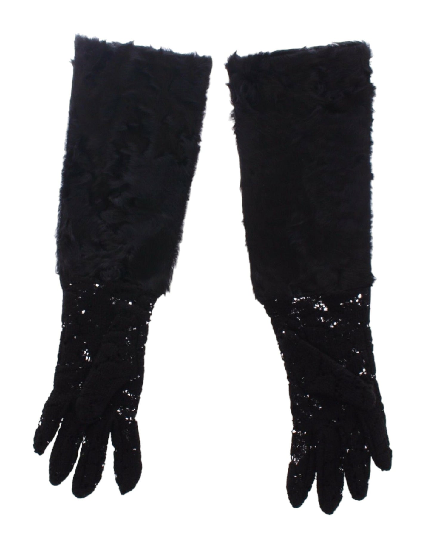 Gants longs en dentelle de laine, d'agneau et de fourrure noirs Dolce & Gabbana