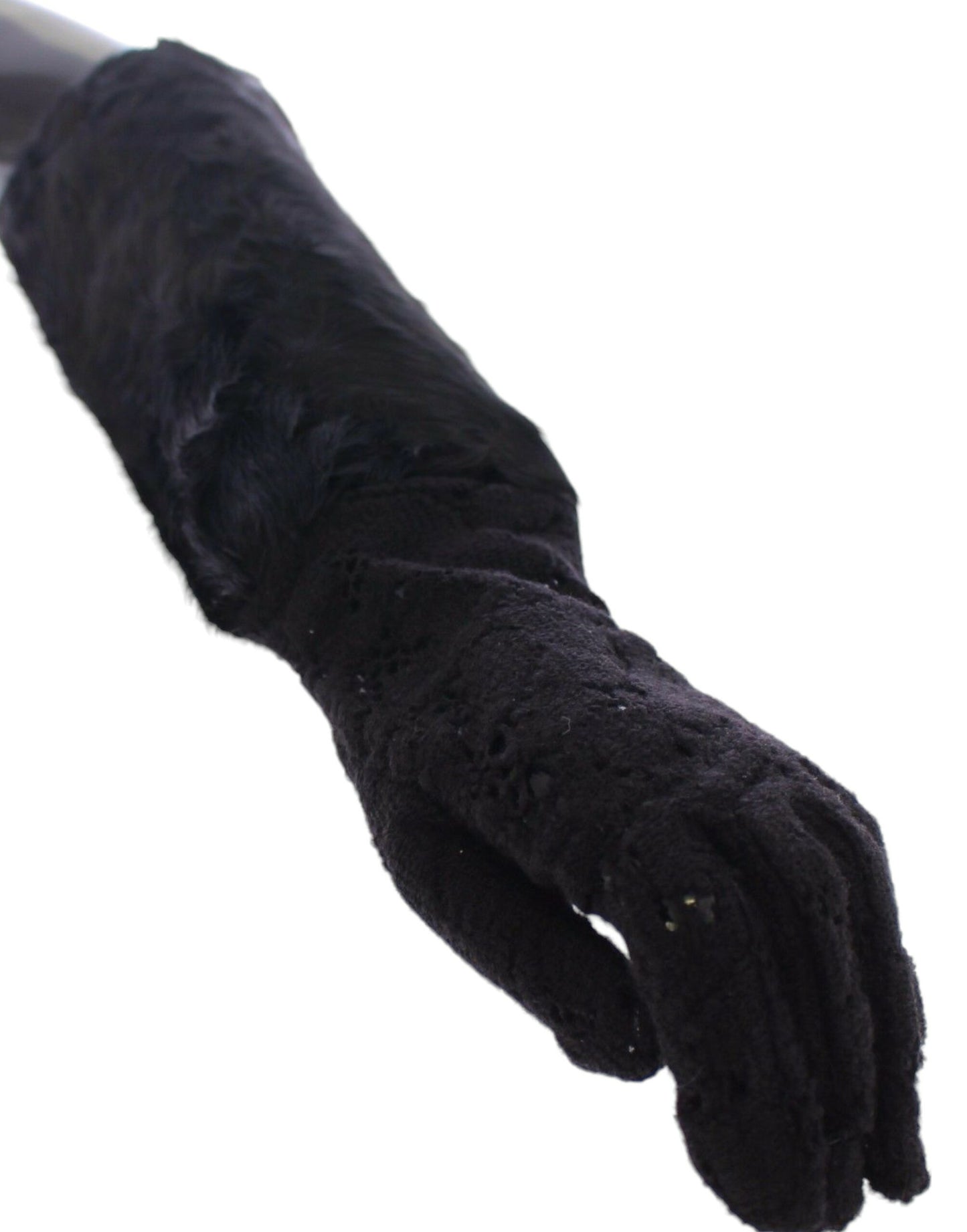 Gants longs en dentelle de laine, d'agneau et de fourrure noirs Dolce & Gabbana
