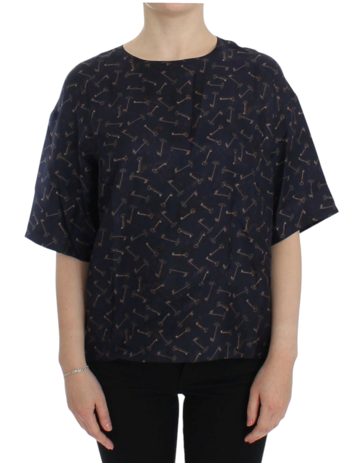 Chemisier en soie imprimé clé doré et bleu Dolce & Gabbana