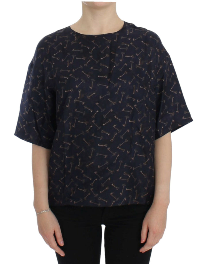 Blusa de seda de Dolce & Gabbana con estampado de llaves en azul y dorado