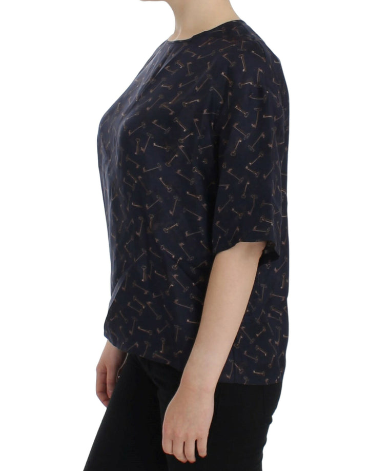 Blusa de seda de Dolce & Gabbana con estampado de llaves en azul y dorado