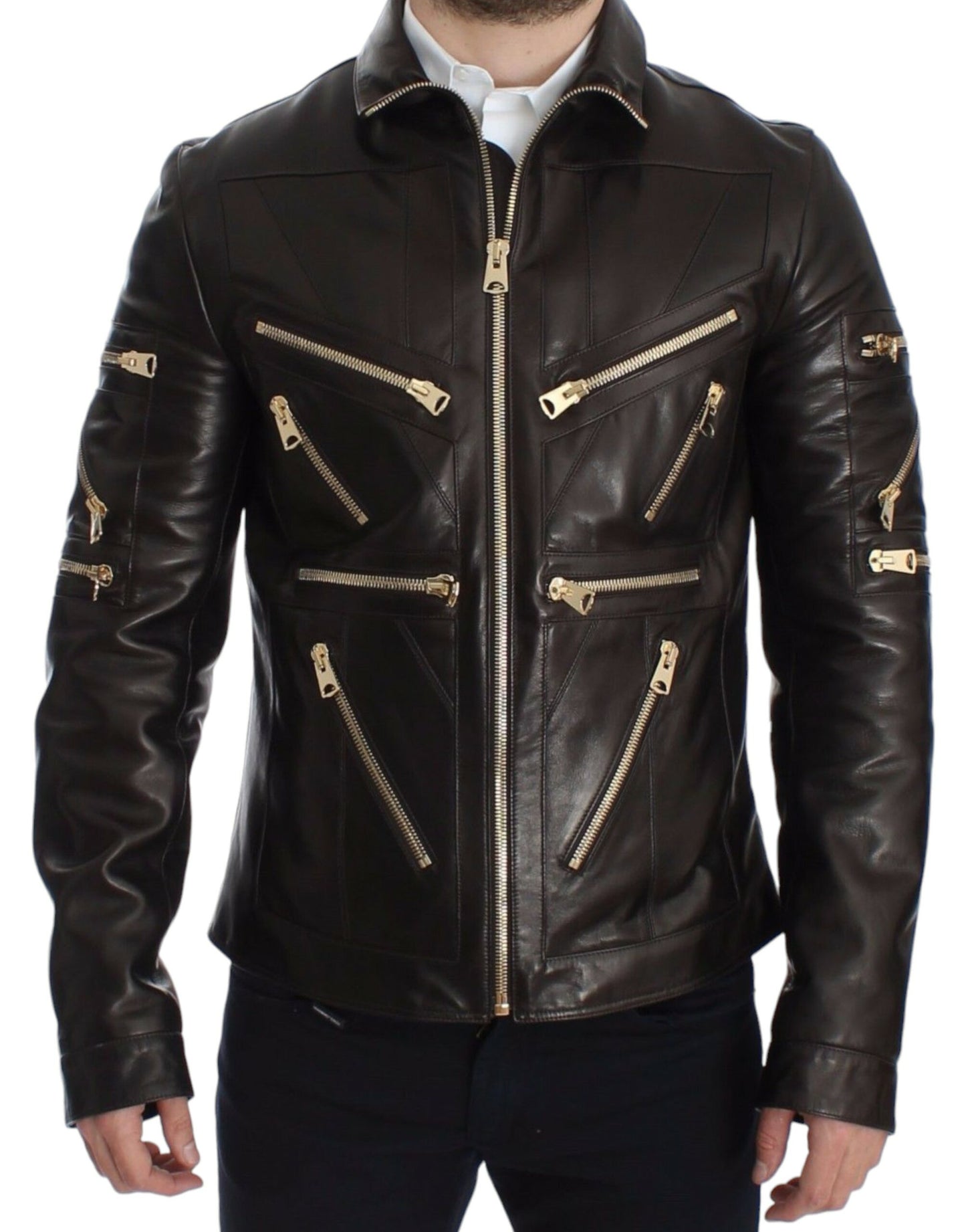 Blouson zippé Dolce & Gabbana en cuir d'agneau marron