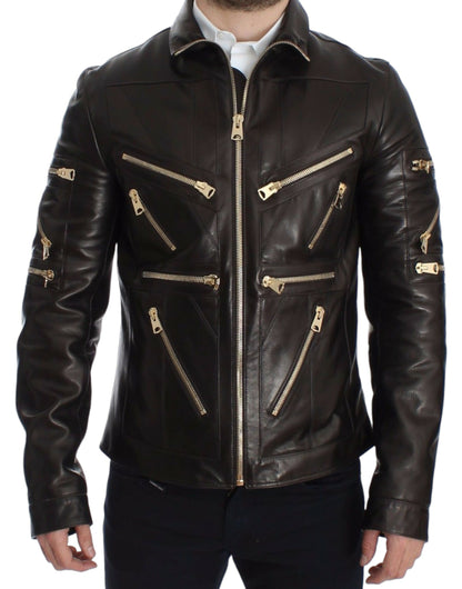 Blouson zippé Dolce & Gabbana en cuir d'agneau marron