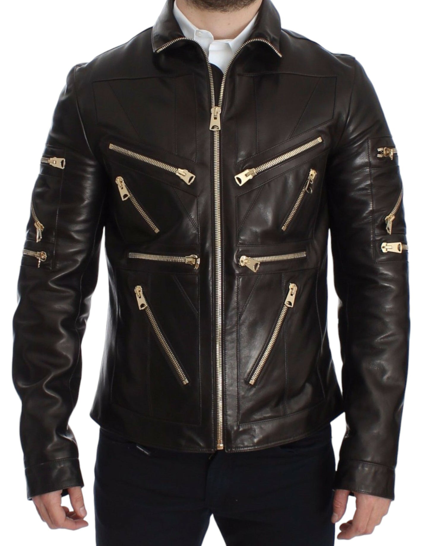 Blouson zippé Dolce & Gabbana en cuir d'agneau marron