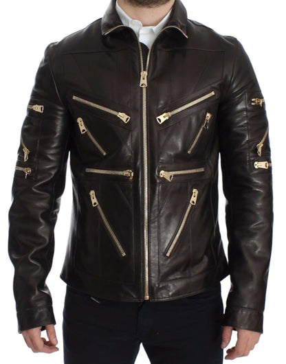 Blouson zippé Dolce & Gabbana en cuir d'agneau marron