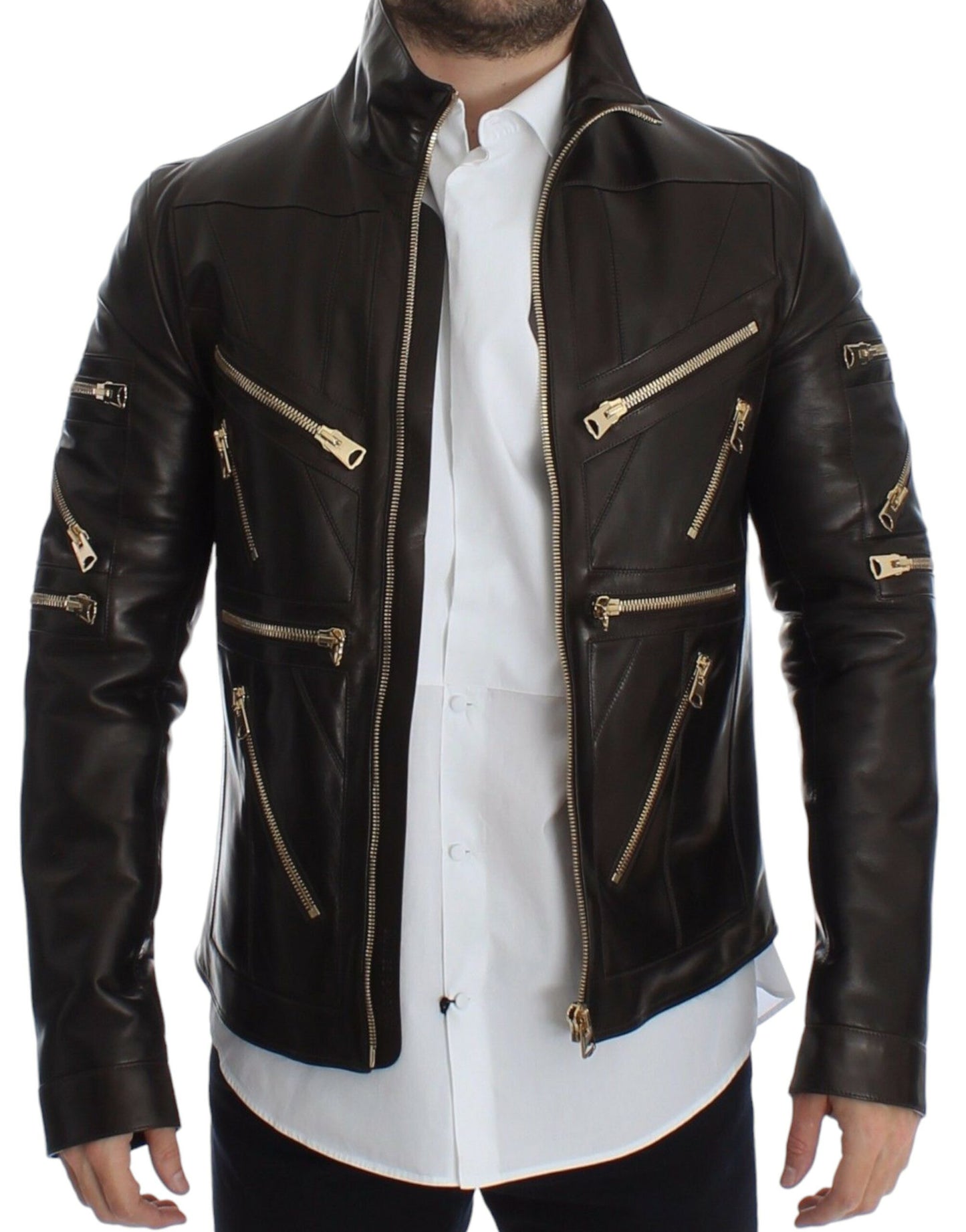 Blouson zippé Dolce & Gabbana en cuir d'agneau marron