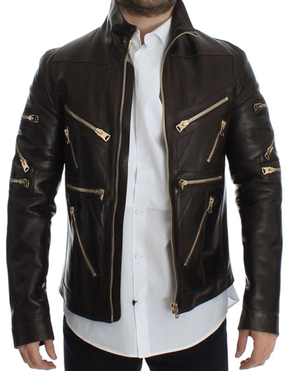 Blouson zippé Dolce & Gabbana en cuir d'agneau marron