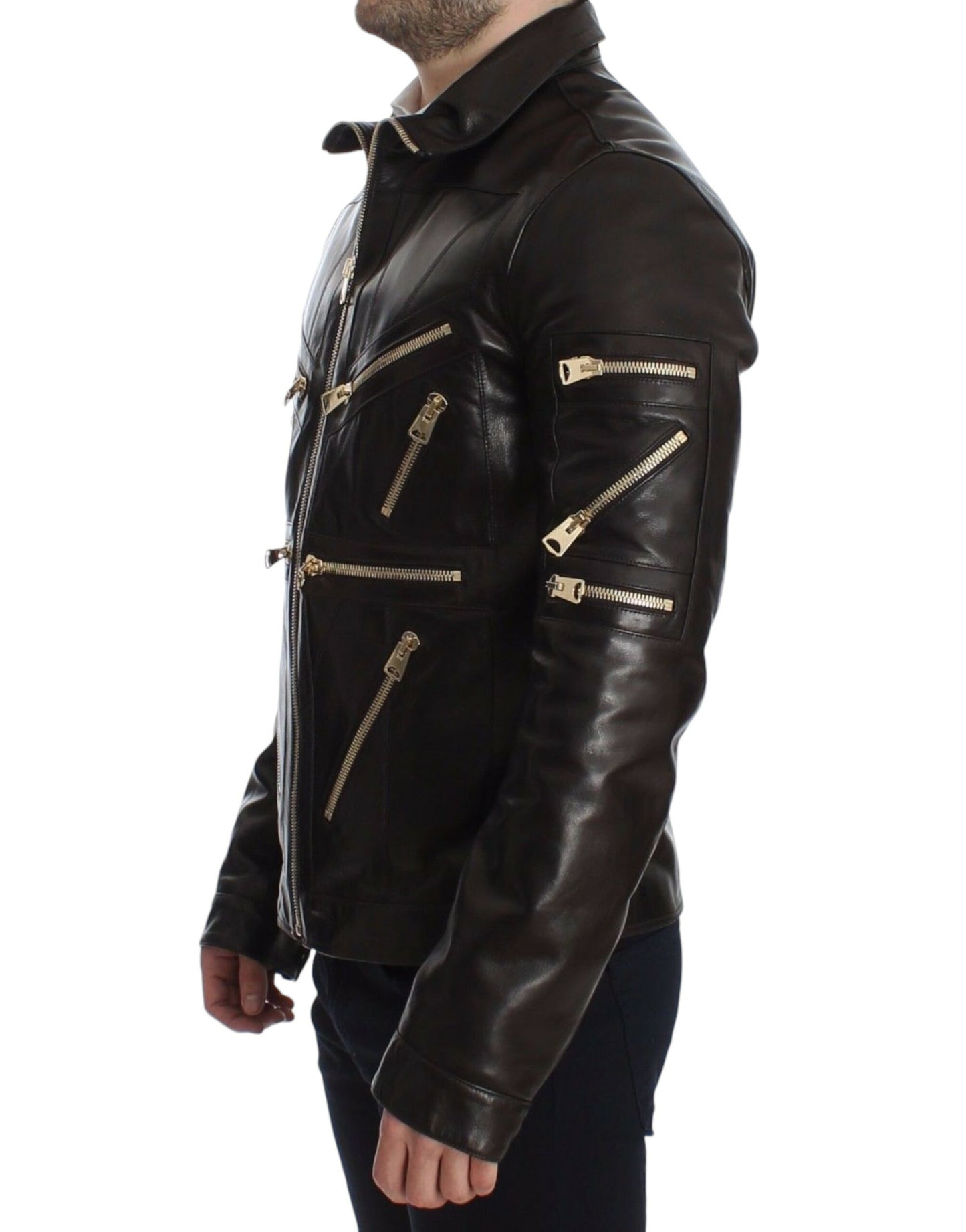 Blouson zippé Dolce & Gabbana en cuir d'agneau marron