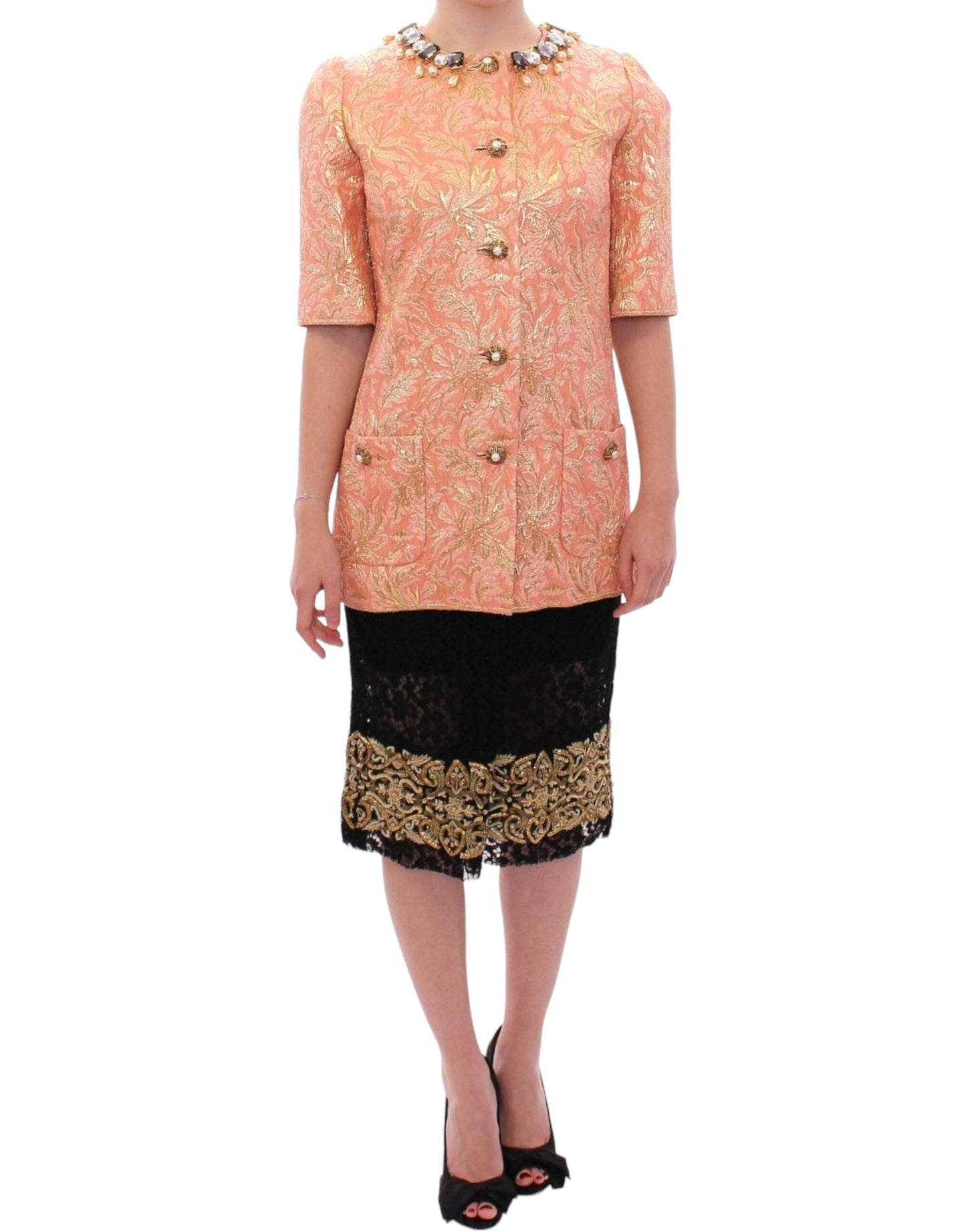 Veste Manteau en Soie Brocart Rose et Cristal Dolce & Gabbana