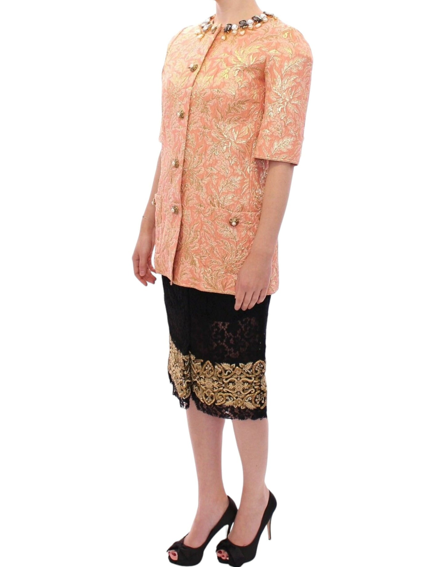 Veste Manteau en Soie Brocart Rose et Cristal Dolce & Gabbana