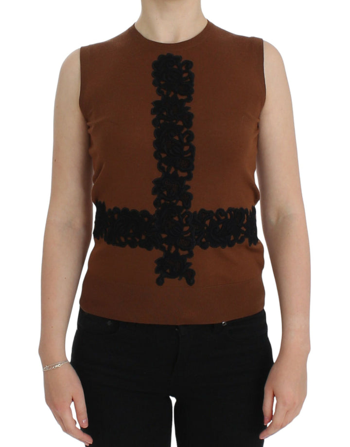 Haut pull sans manches Dolce & Gabbana en laine marron et dentelle noire