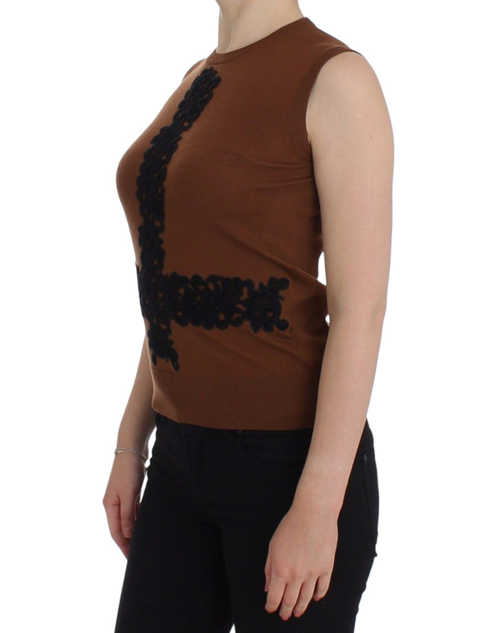 Haut pull sans manches Dolce & Gabbana en laine marron et dentelle noire