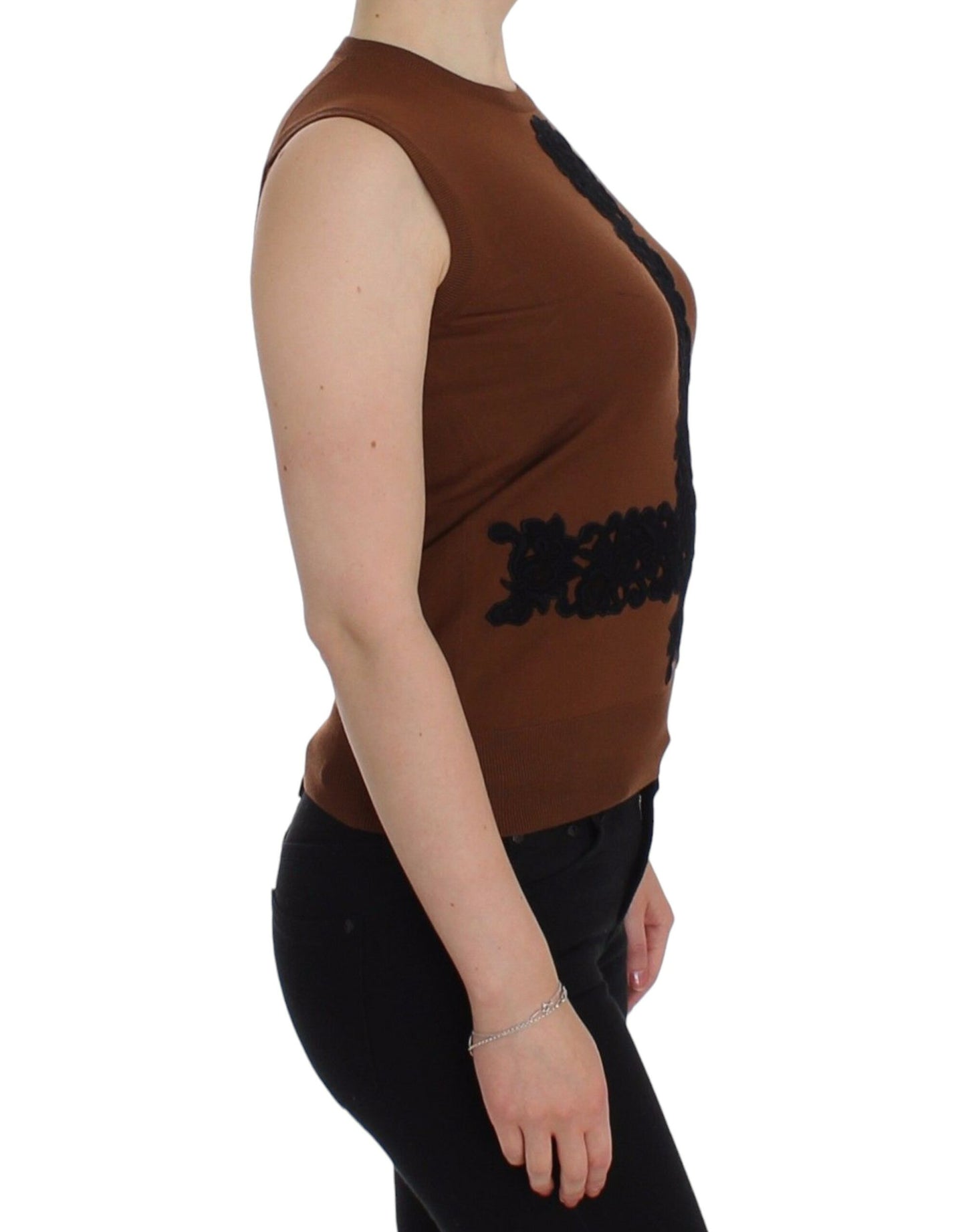 Haut pull sans manches Dolce & Gabbana en laine marron et dentelle noire
