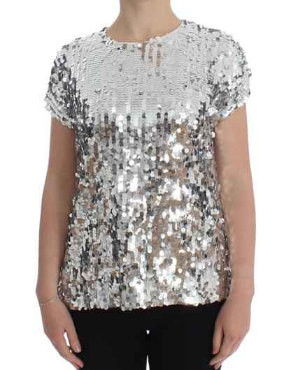 Haut T-shirt Blouse Dolce & Gabbana Paillettes Argentées Ras-du-cou