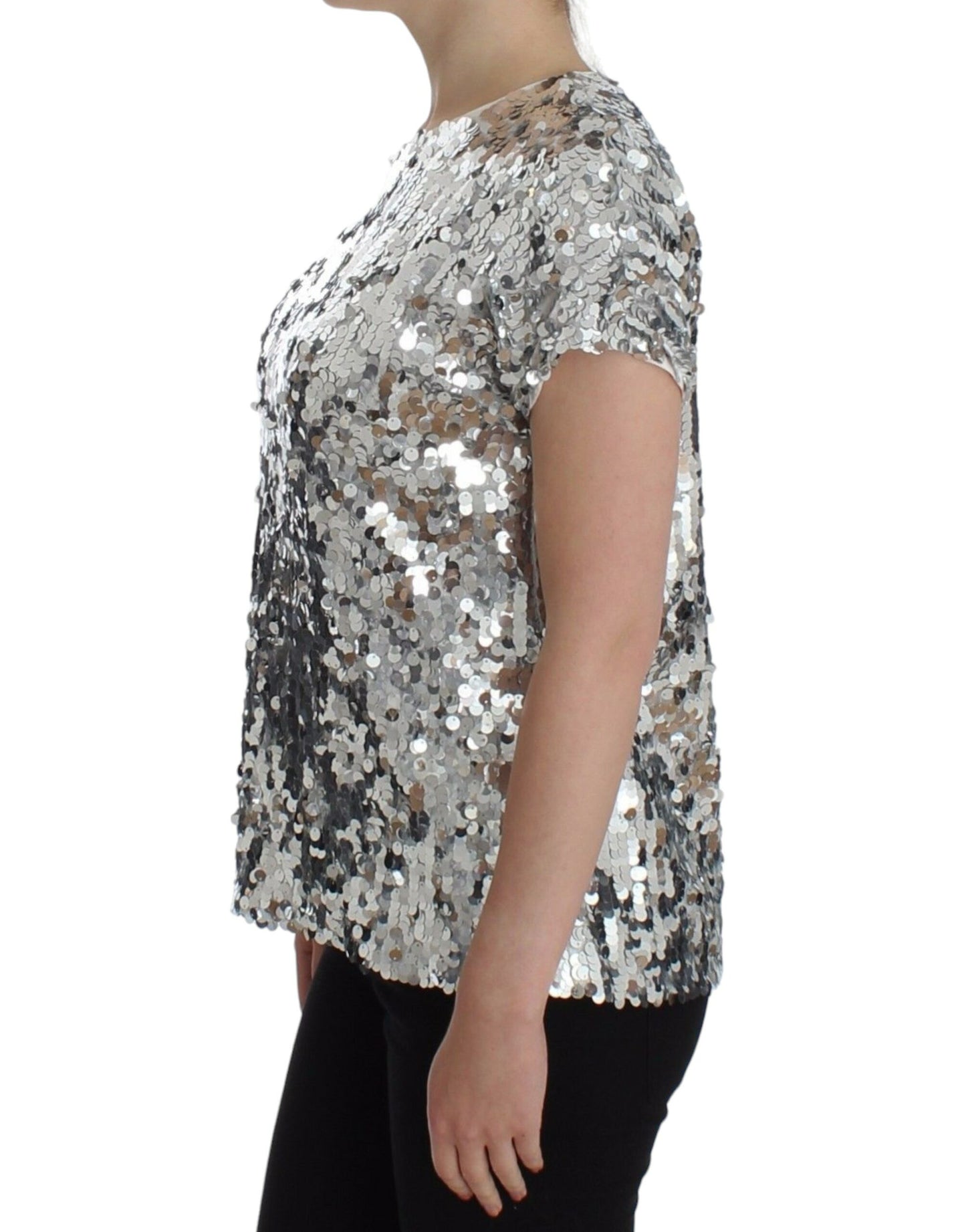 Haut T-shirt Blouse Dolce & Gabbana Paillettes Argentées Ras-du-cou