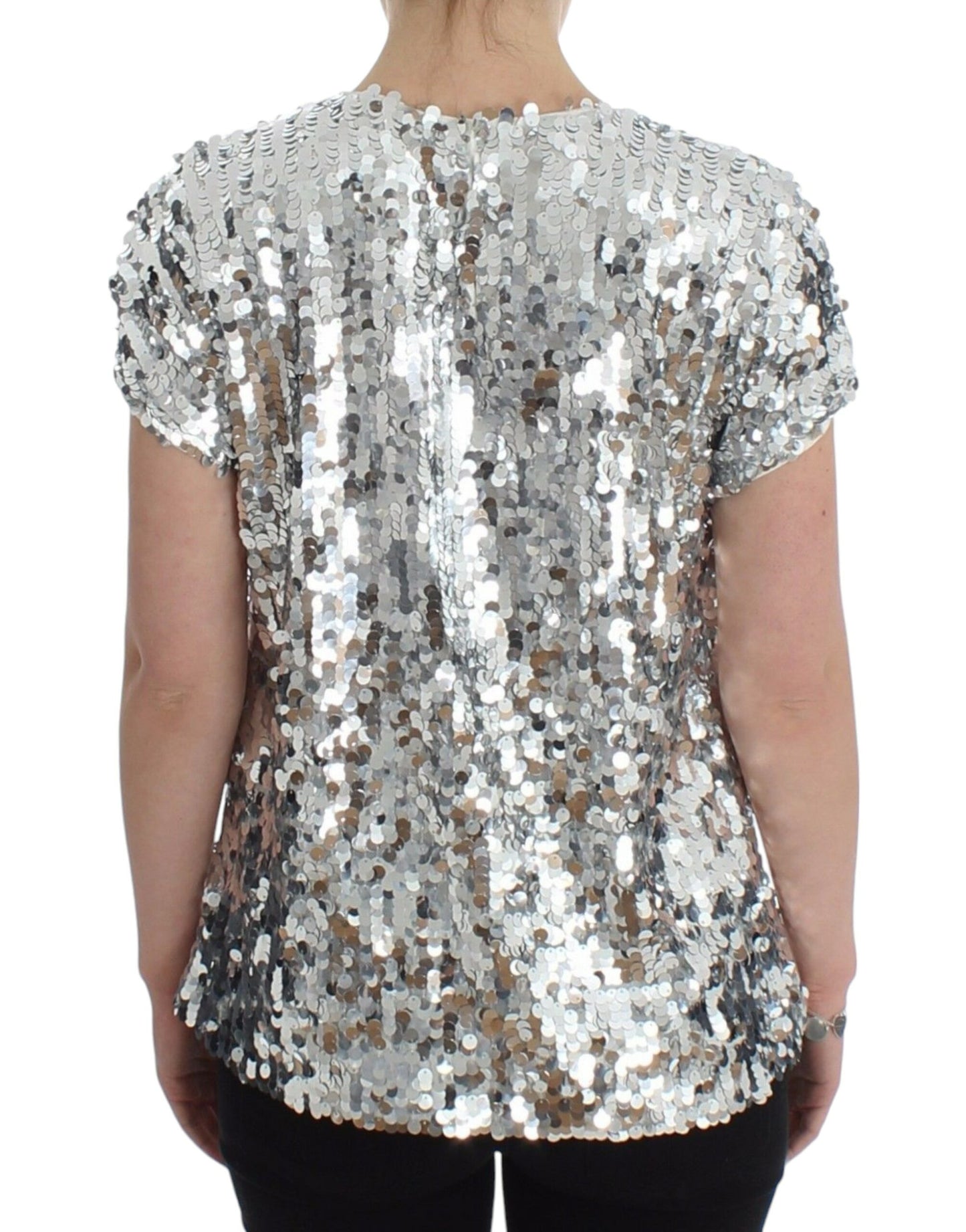 Haut T-shirt Blouse Dolce & Gabbana Paillettes Argentées Ras-du-cou
