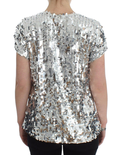 Haut T-shirt Blouse Dolce & Gabbana Paillettes Argentées Ras-du-cou